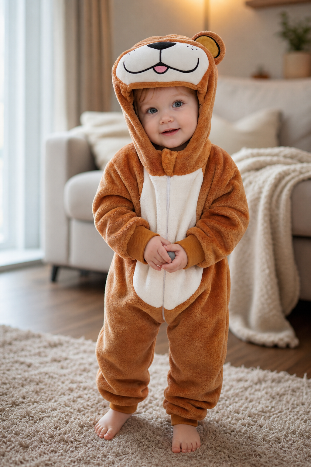 Baby Brown Plush Bear Hooded Onesie - Image 6