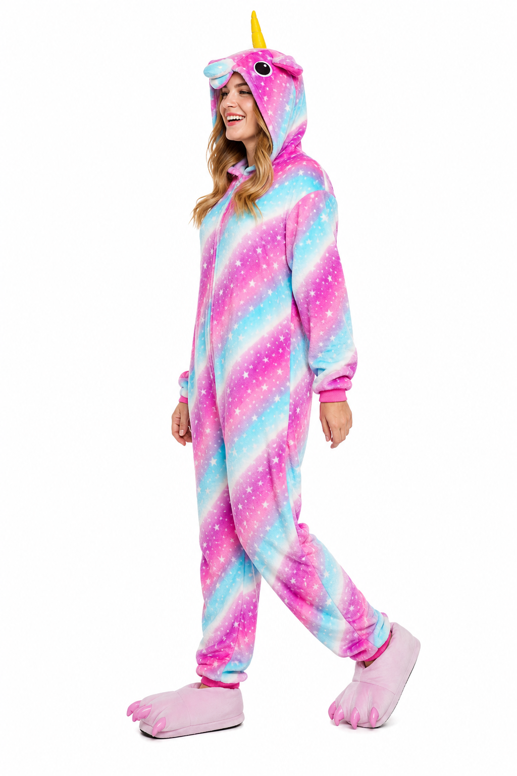 Adult Hooded Pink & Turquoise Starry Stripe Unicorn Kigurumi Onesie - Image 2