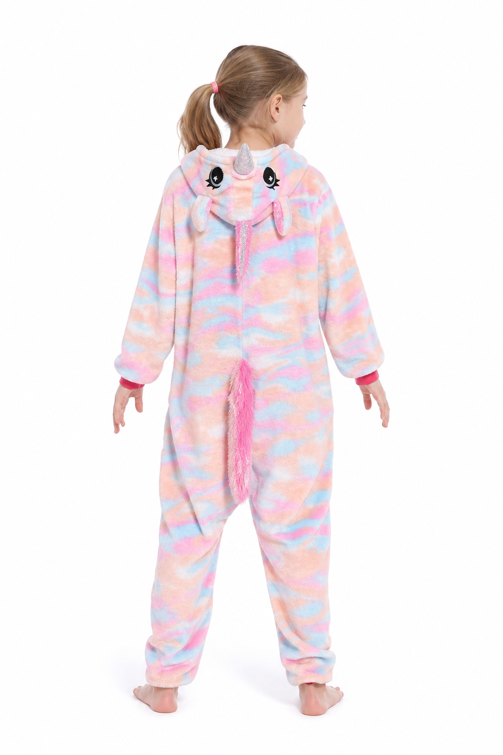 Kids' Hooded Pastel Pink and Blue Tie-Dye Unicorn Plush Kigurumi Onesie - Image 4