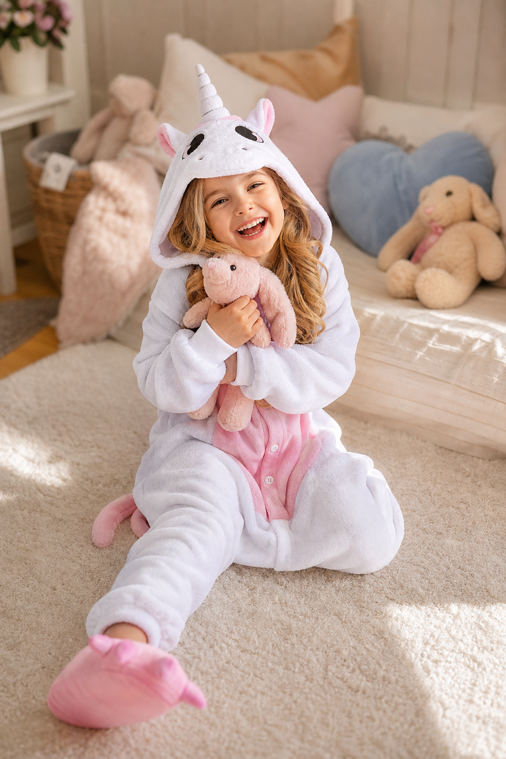 Kids' Hooded White and Pastel Pink Unicorn Kigurumi Onesie - Image 6