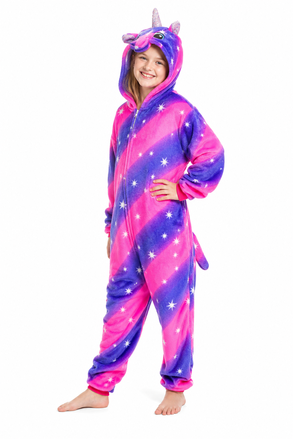 Kids' Hooded Pink and Violet Sparkle Star Unicorn Kigurumi Costume Onesie - Image 2