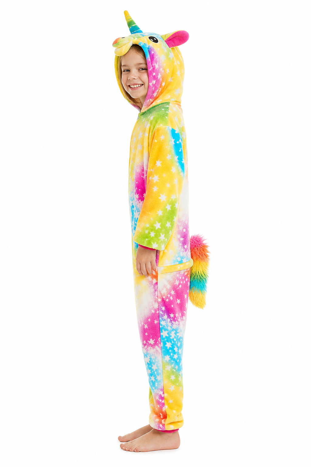 Kids' Hooded Yellow Rainbow Star Unicorn Kigurumi Costume Onesie - Image 3