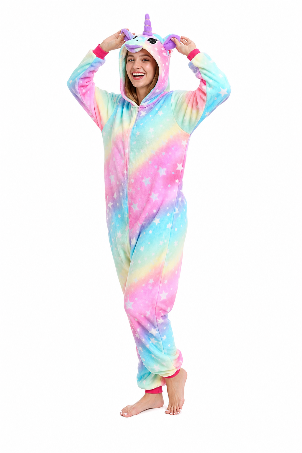 Adult Hooded Pastel Aurora Star Unicorn Kigurumi Onesie - Image 3