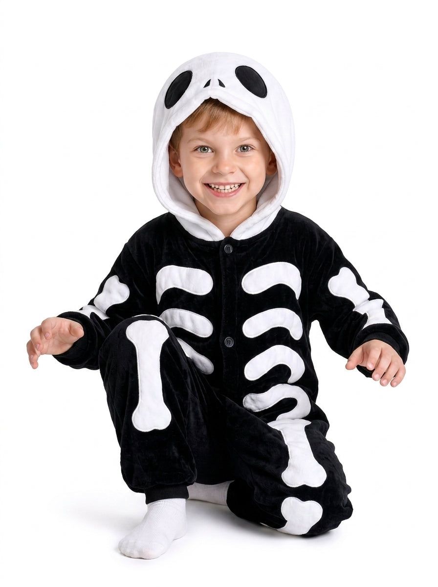 Kids' Hooded Halloween Black Skeleton Kigurumi Onesie - Image 5