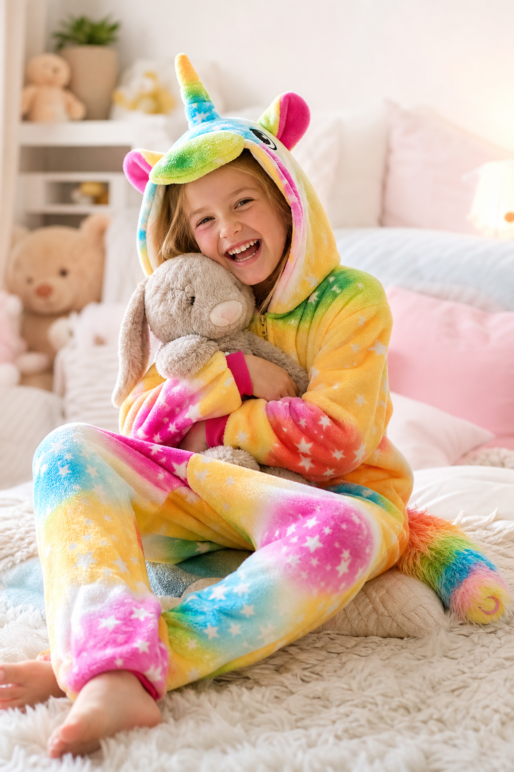 Kids' Hooded Yellow Rainbow Star Unicorn Kigurumi Costume Onesie - Image 6