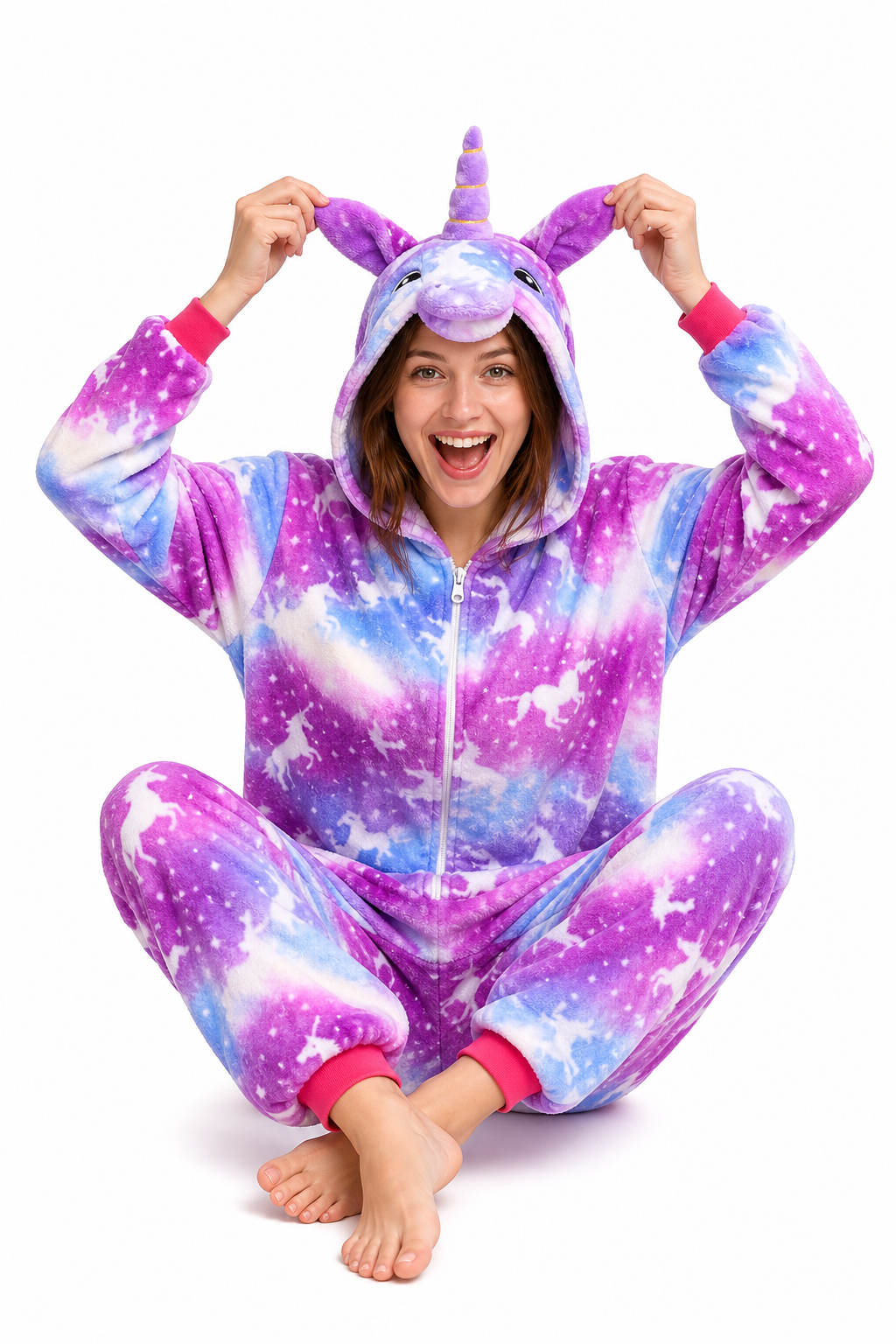 Adult Hooded Pink & Purple Galaxy Unicorn Kigurumi Onesie - Image 5