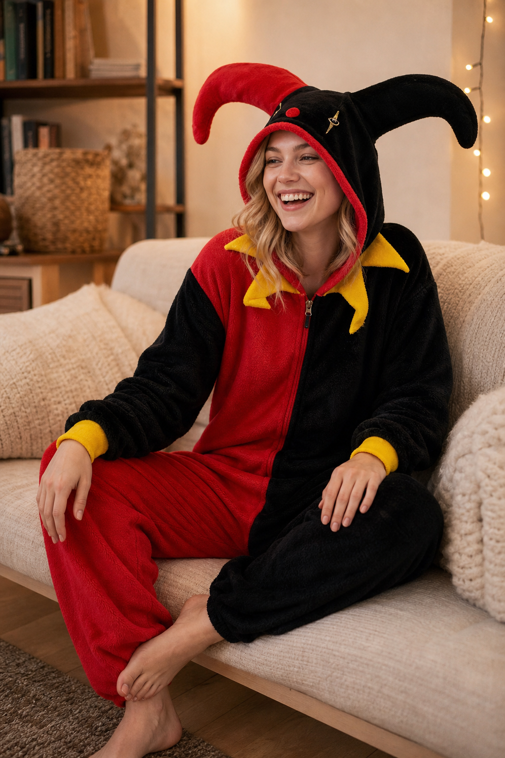 Adult Hooded Red & Black Jester Kigurumi Onesie - Image 6