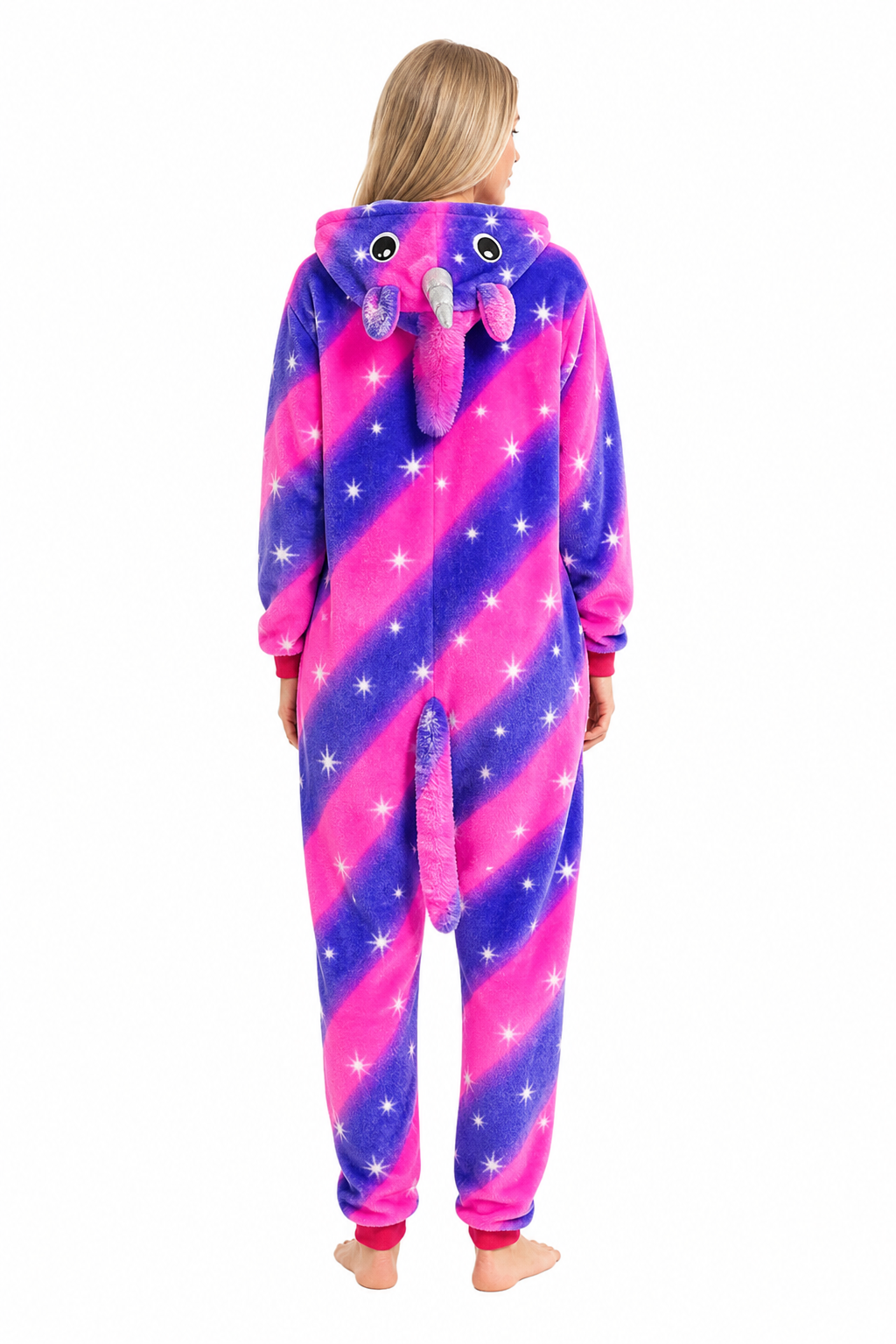 Adult Hooded Neon Pink & Blue Star Stripe Unicorn Kigurumi Onesie - Image 4