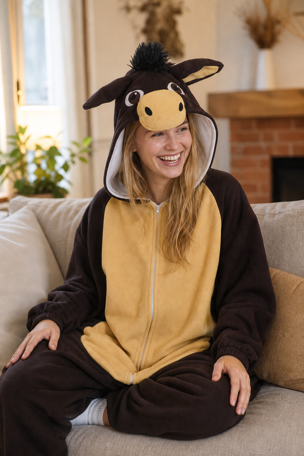 Adult Plush Brown Donkey Onesie Costume - Image 6