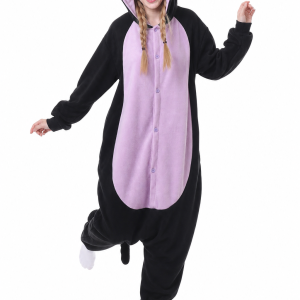 Adult Hooded Black Cat Onesie with Lavender Belly