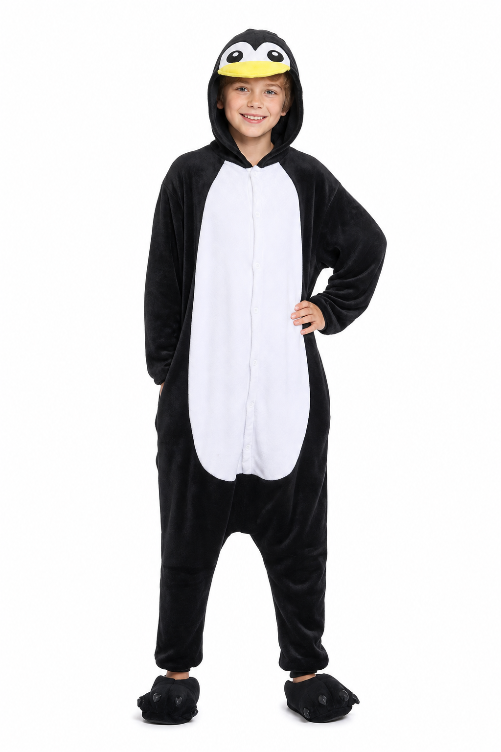 Kids' Hooded Black and White Penguin Plush Kigurumi Onesie - Image 2