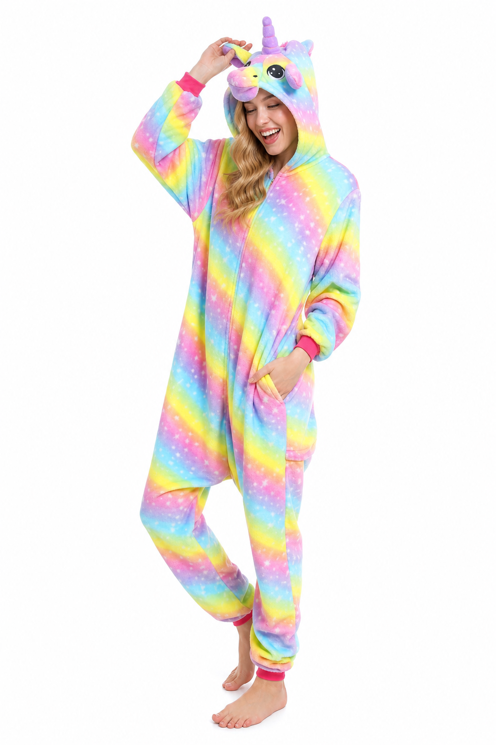 Adult Hooded Multicolor Rainbow Star Unicorn Kigurumi Onesie - Image 3