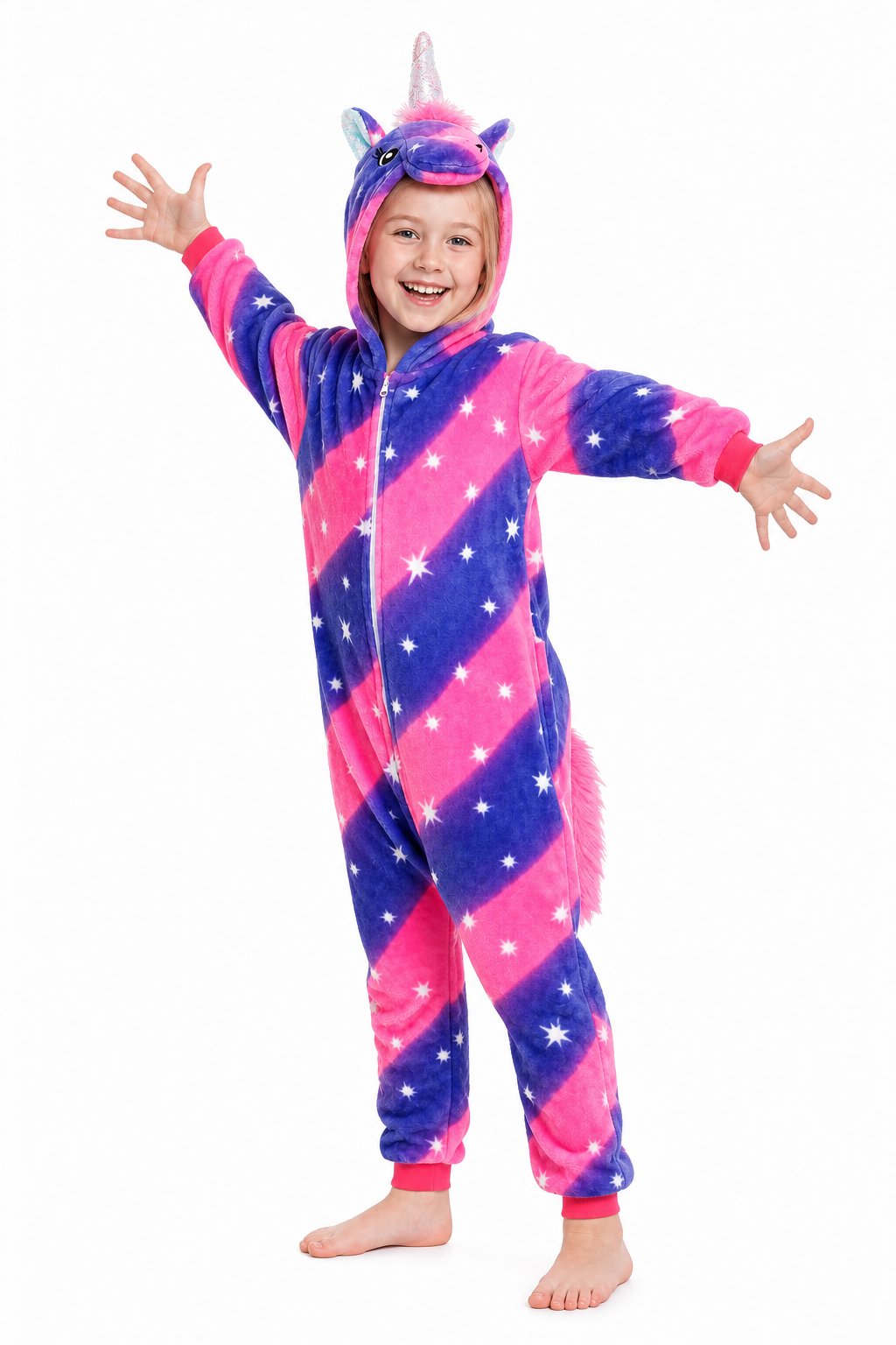 Kids' Hooded Pink and Indigo Star Unicorn Kigurumi Onesie - Image 3