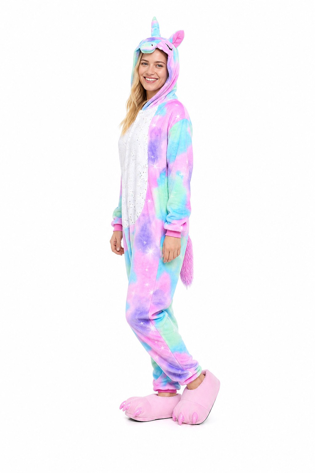 Adult Hooded Pastel Rainbow Unicorn Kigurumi Onesie with Glitter Star Belly - Image 2