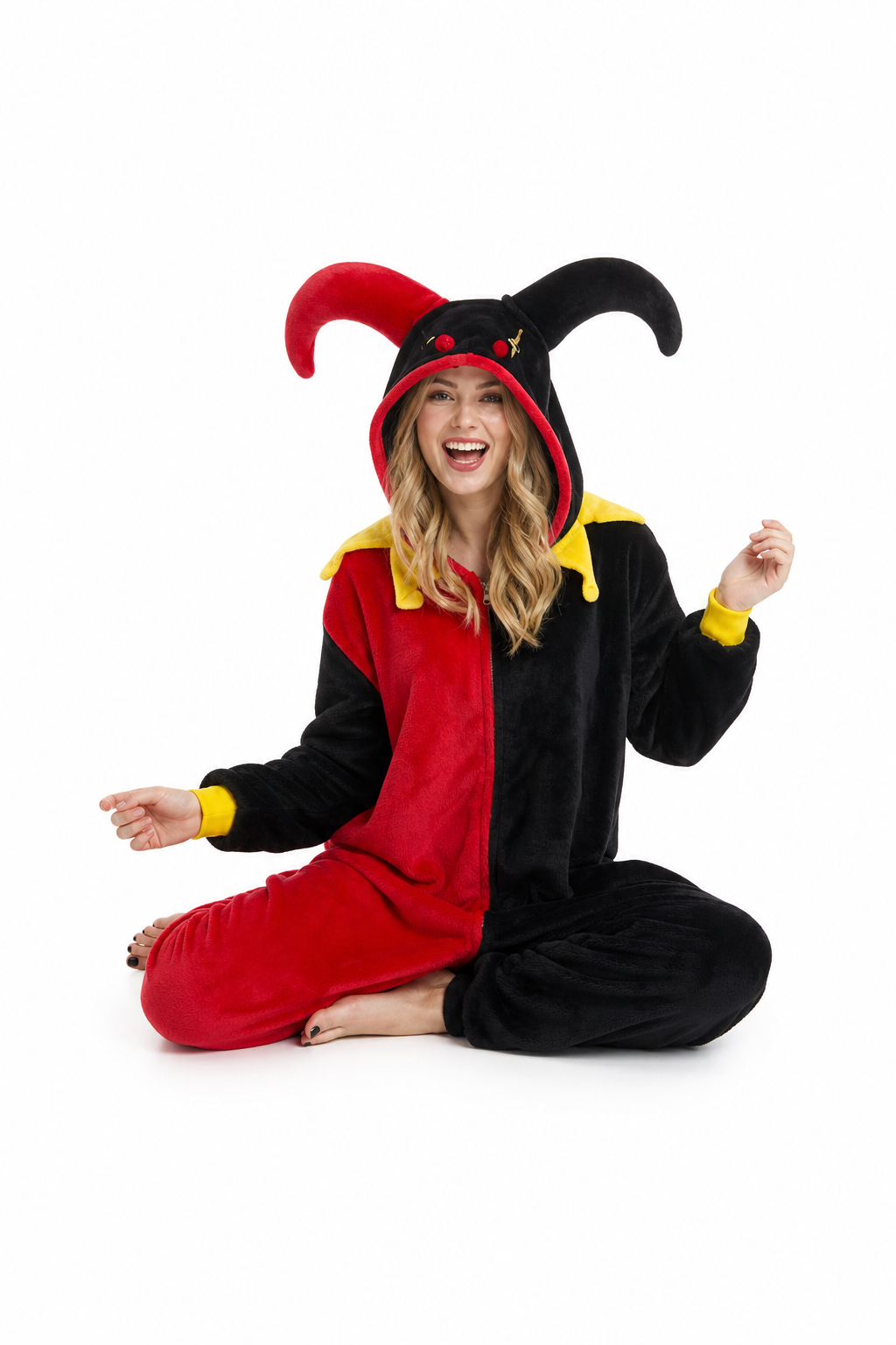 Adult Hooded Red & Black Jester Kigurumi Onesie - Image 5