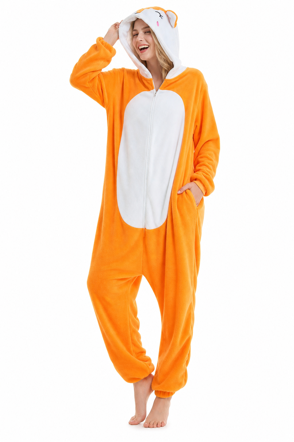Adult Hooded Blushing Orange Fox Kigurumi Onesie - Image 3