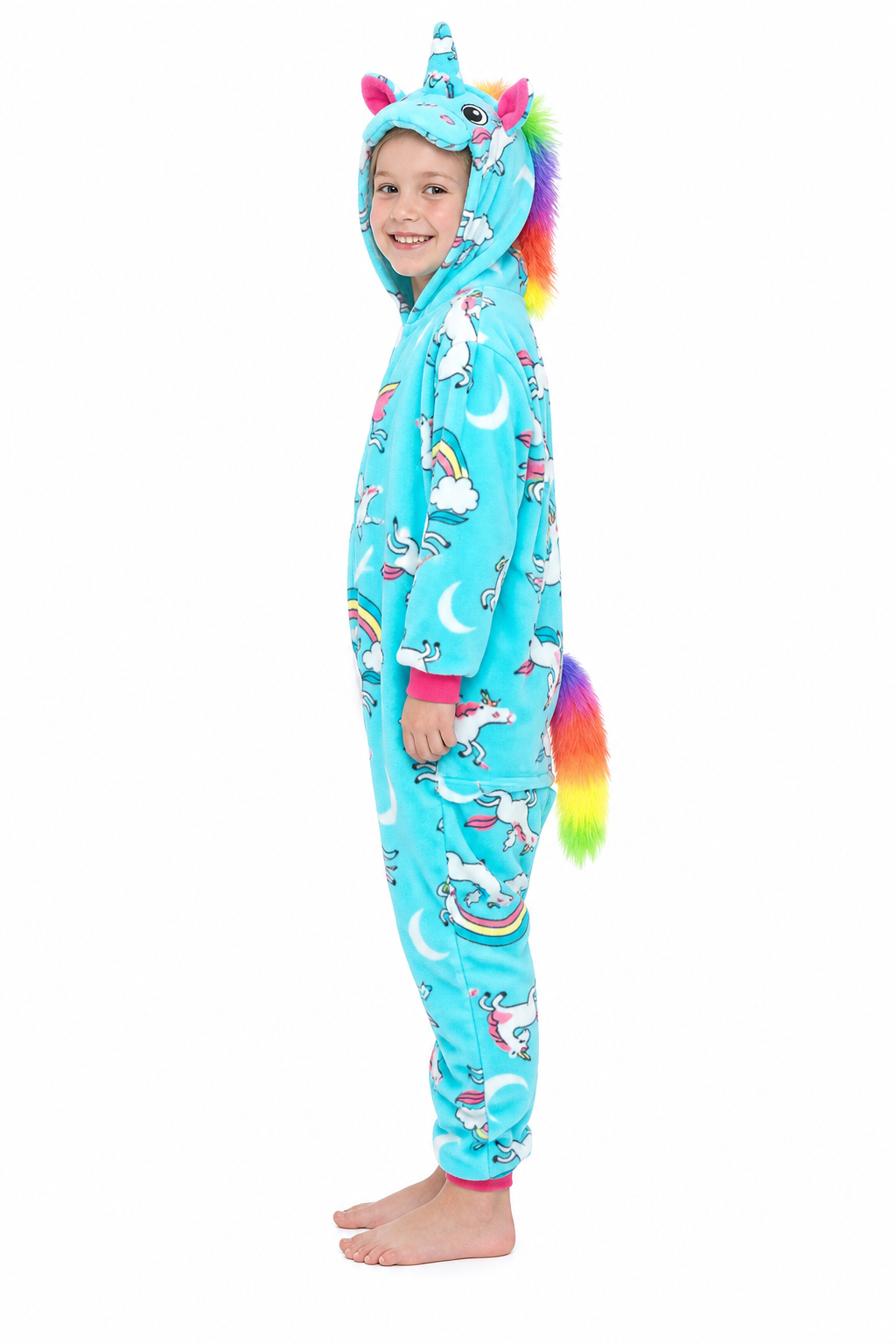 Kids' Hooded Teal Rainbow-Print Unicorn Kigurumi Onesie - Image 2