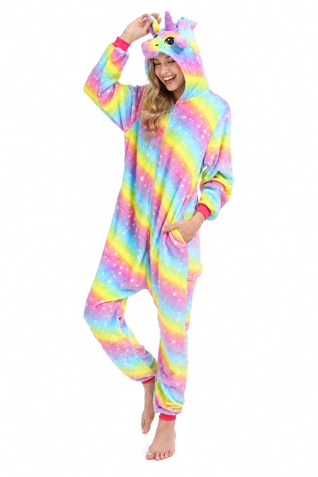 Adult Hooded Bright Rainbow Stripe Unicorn Kigurumi Onesie - Image 3