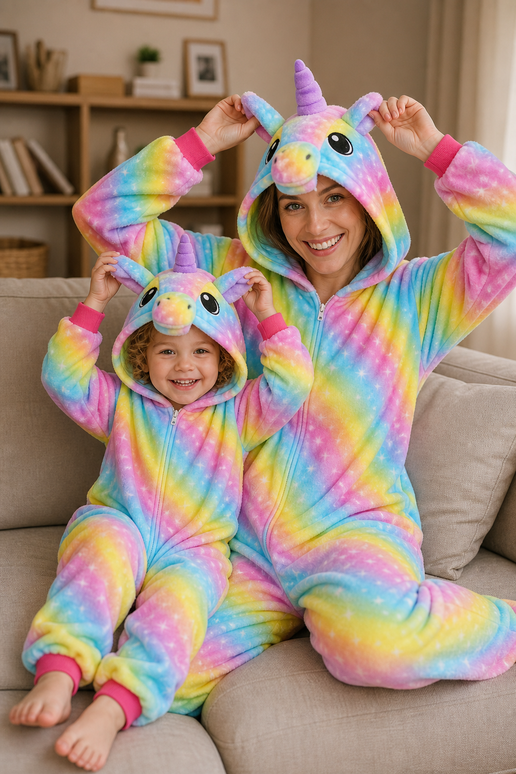 Adult Hooded Bright Rainbow Stripe Unicorn Kigurumi Onesie - Image 6