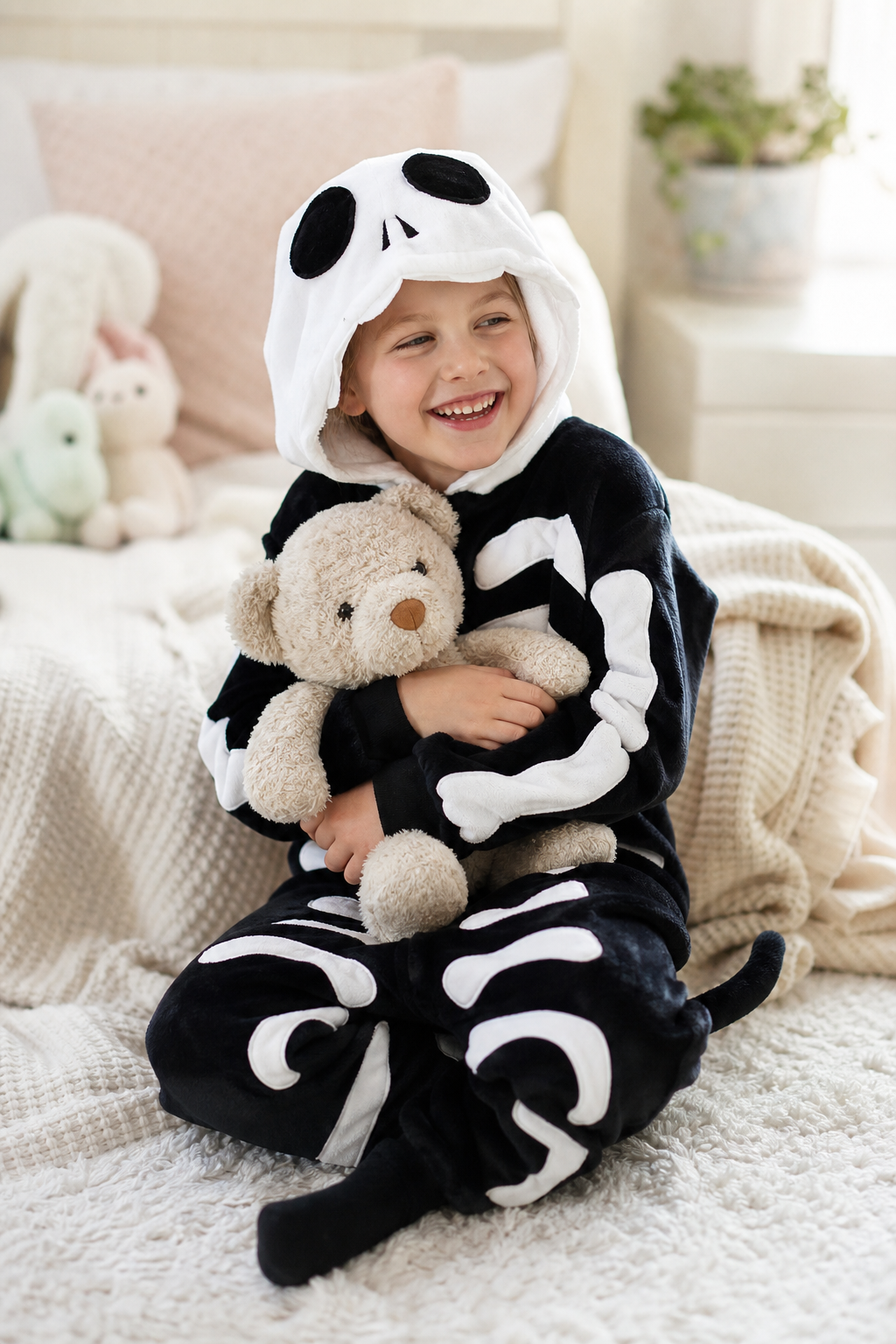Kids' Hooded Halloween Black Skeleton Kigurumi Onesie - Image 6