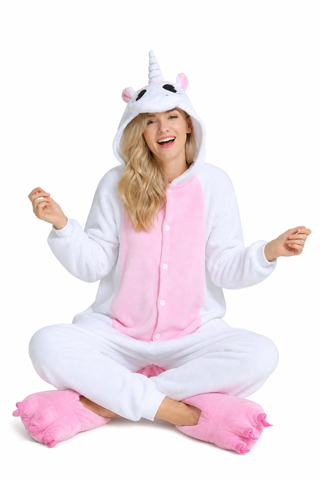 Adult Hooded White & Pastel Pink Unicorn Kigurumi Onesie - Image 5