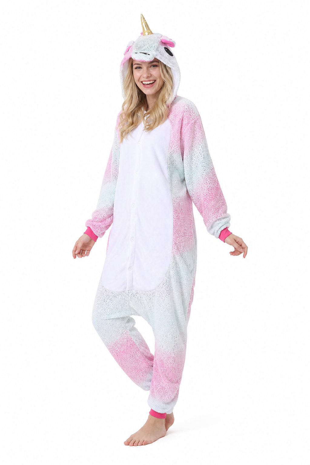 Adult Hooded Pink & Mint Glitter Ombre Unicorn Kigurumi Onesie - Image 3