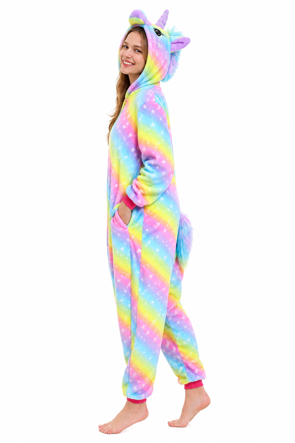 Adult Hooded Multicolor Rainbow Star Unicorn Kigurumi Onesie - Image 2