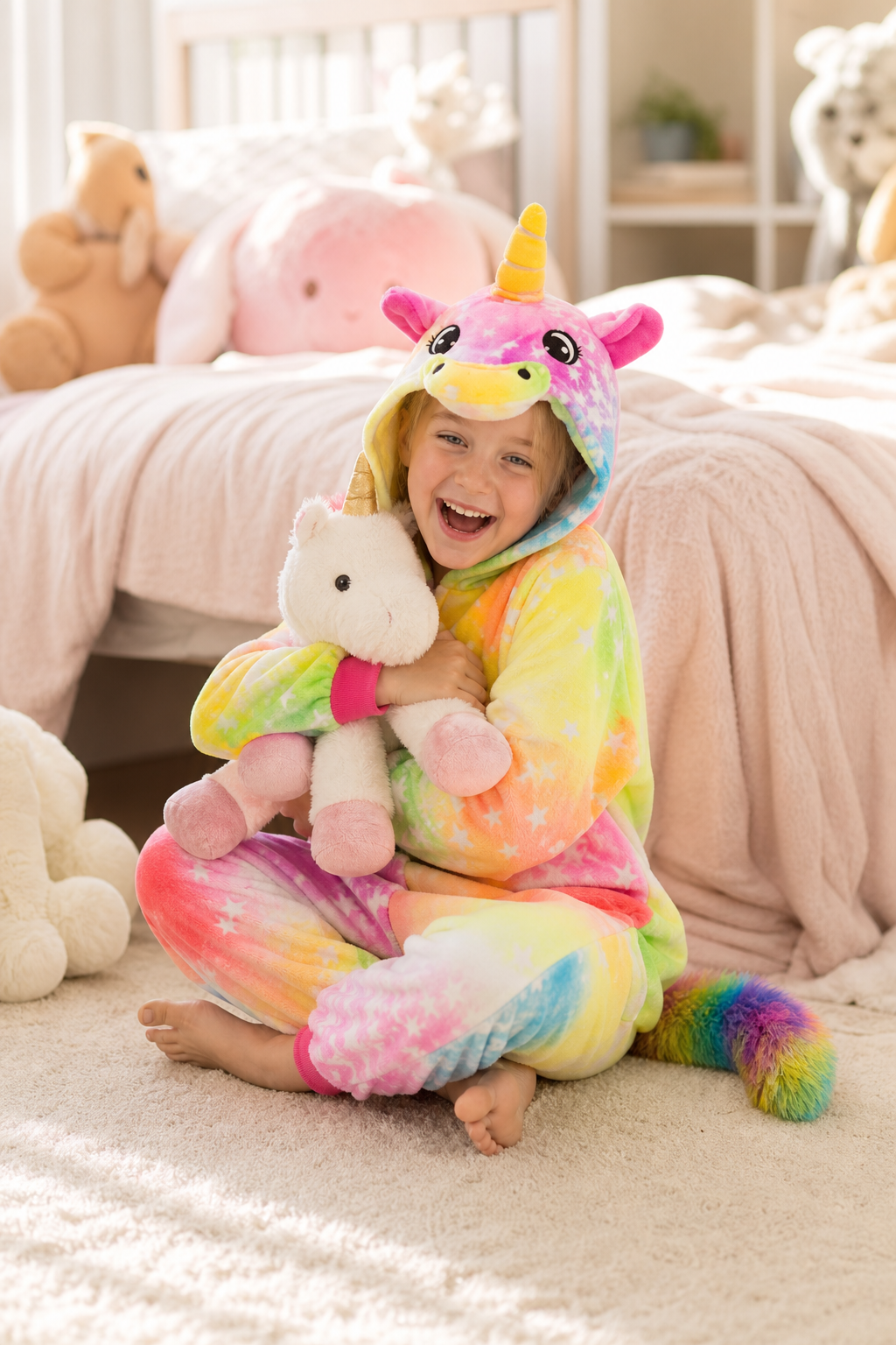 Kids' Hooded Rainbow Tie-Dye Star Unicorn Kigurumi Onesie - Image 6