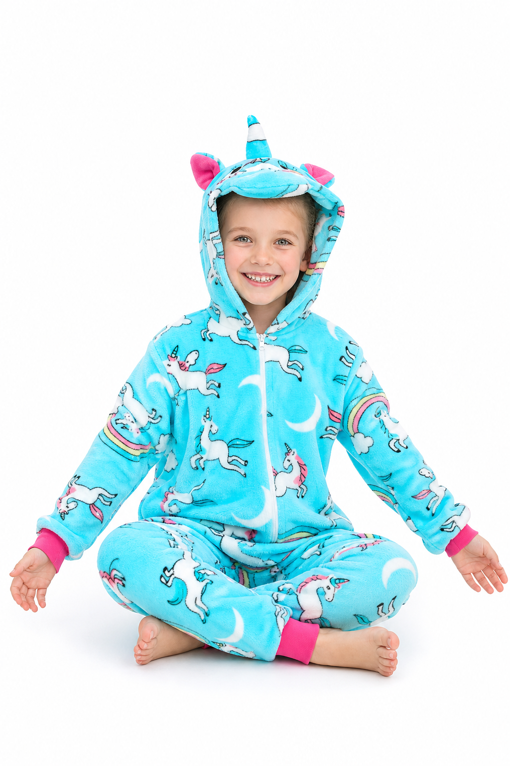 Kids' Hooded Teal Rainbow-Print Unicorn Kigurumi Onesie - Image 5