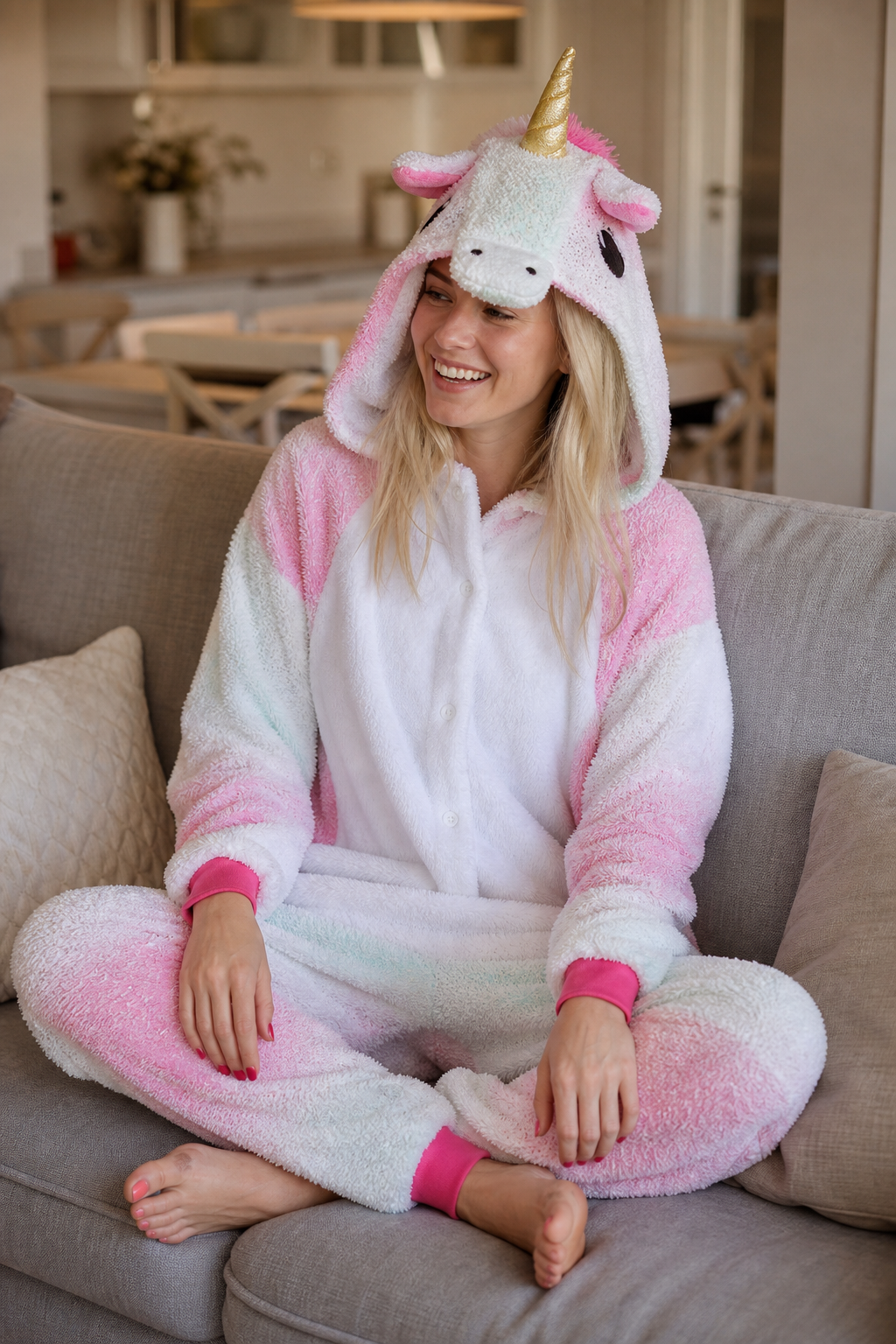 Adult Hooded Pink & Mint Glitter Ombre Unicorn Kigurumi Onesie - Image 6