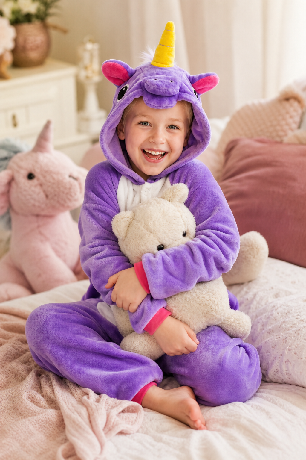 Kids' Hooded Solid Purple Unicorn Kigurumi Costume Onesie - Image 6