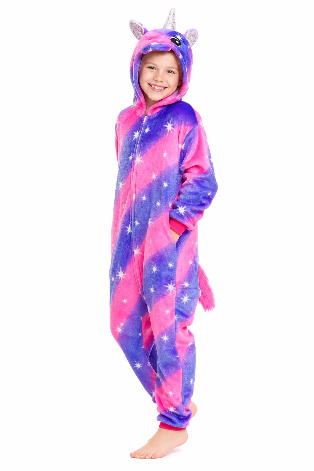 Kids' Hooded Magenta and Purple Starburst Unicorn Kigurumi Onesie - Image 3