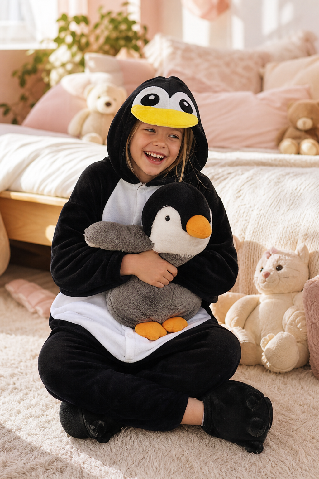 Kids' Hooded Black and White Penguin Plush Kigurumi Onesie - Image 6