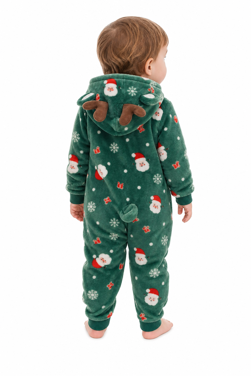 Baby Plush Green Santa Reindeer Hooded Onesie - Image 4