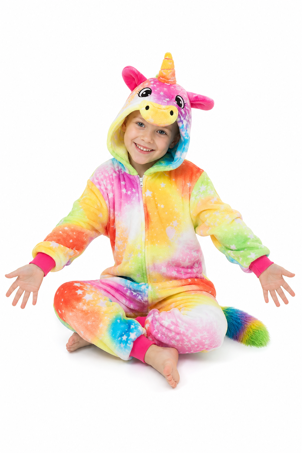 Kids' Hooded Rainbow Tie-Dye Star Unicorn Kigurumi Onesie - Image 5