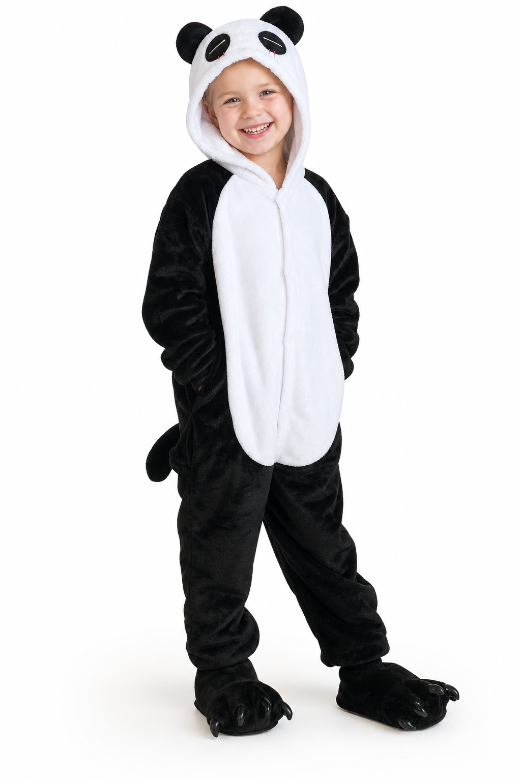 Kids' Hooded Black and White Panda Kigurumi Onesie - Image 3