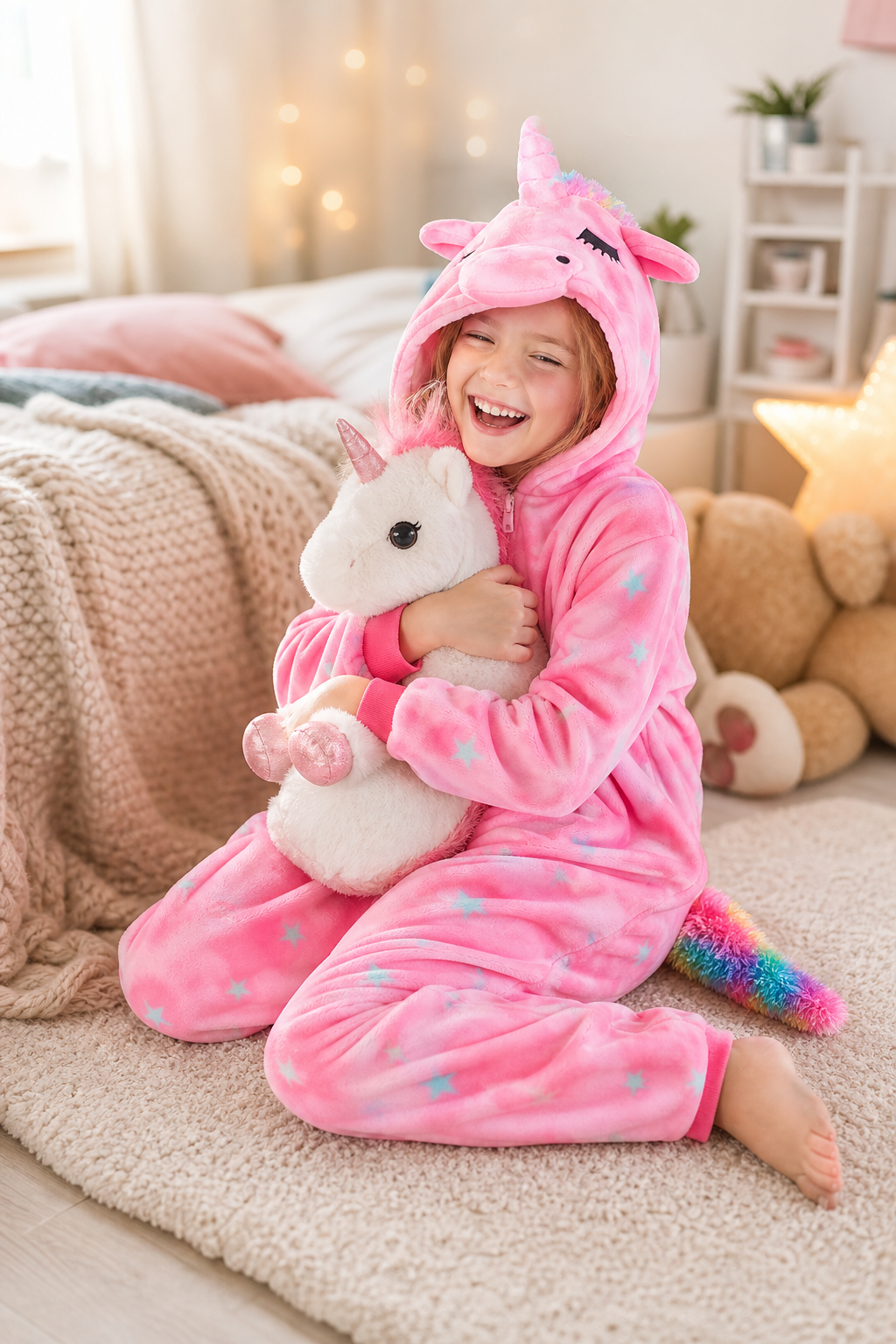 Kids' Hooded Pink Tie-Dye Rainbow-Tail Unicorn Plush Kigurumi Onesie - Image 6