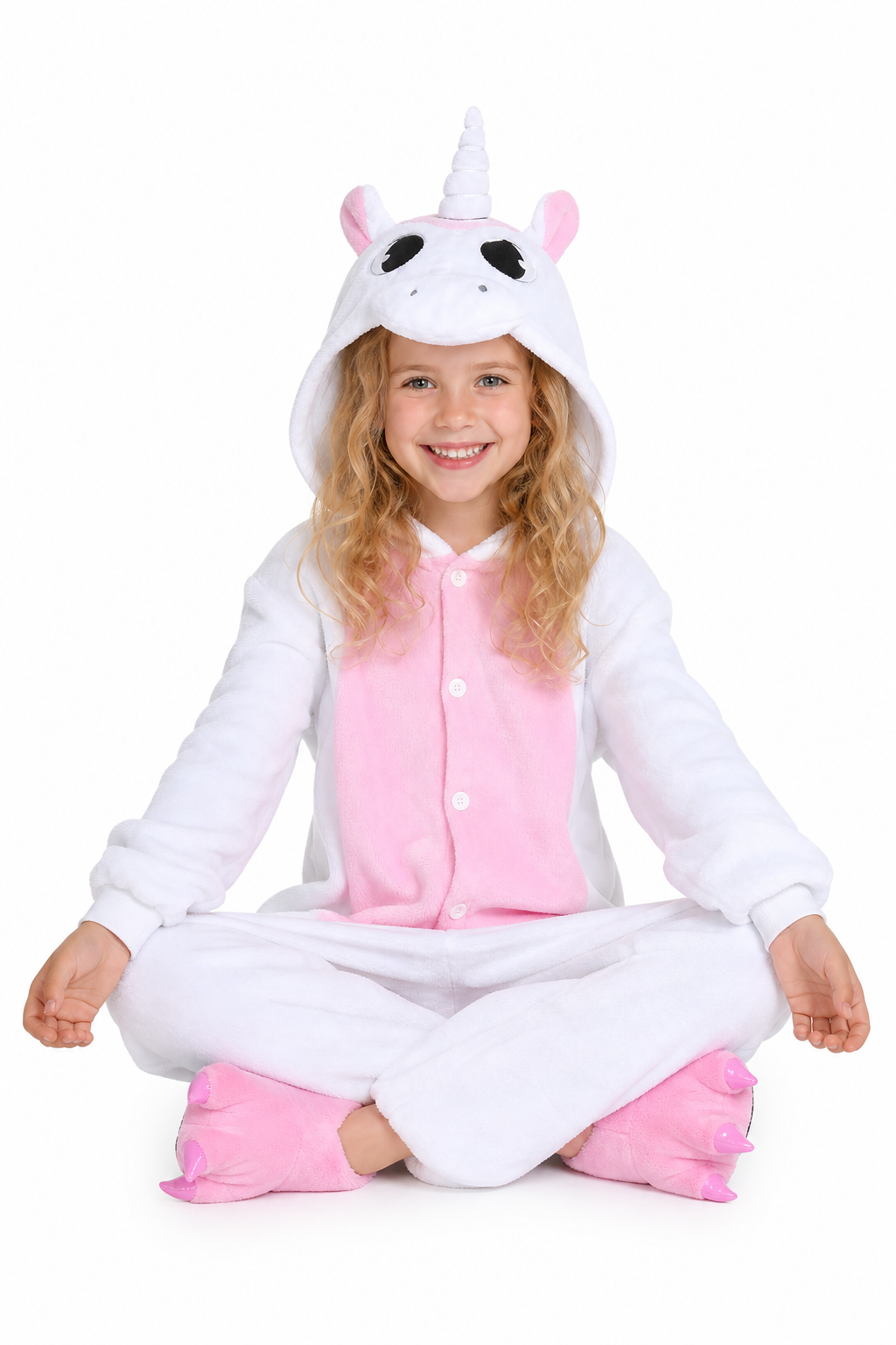 Kids' Hooded White and Pastel Pink Unicorn Kigurumi Onesie - Image 5