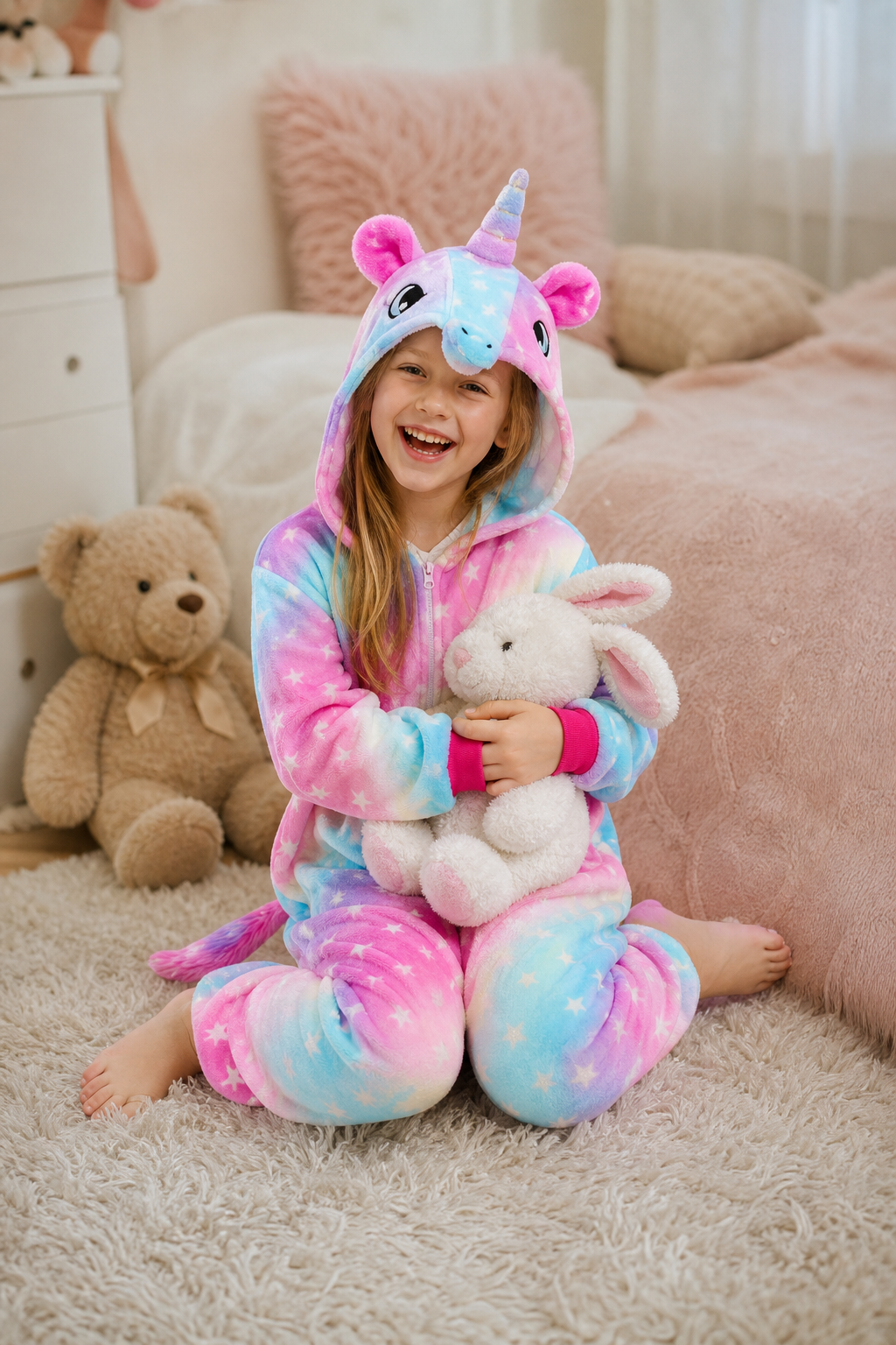 Kids' Hooded Pastel Tie-Dye Star Unicorn Kigurumi Onesie - Image 6