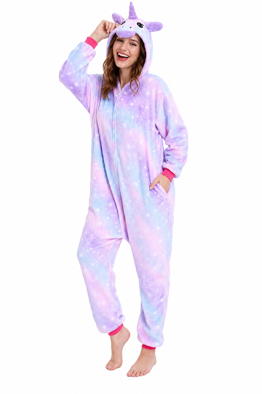 Adult Hooded Pastel Purple Starry Sky Unicorn Kigurumi Onesie - Image 3