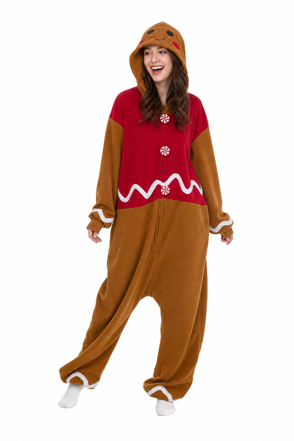 Adult Fleece Gingerbread Man Onesie with Candy Buttons - Image 3
