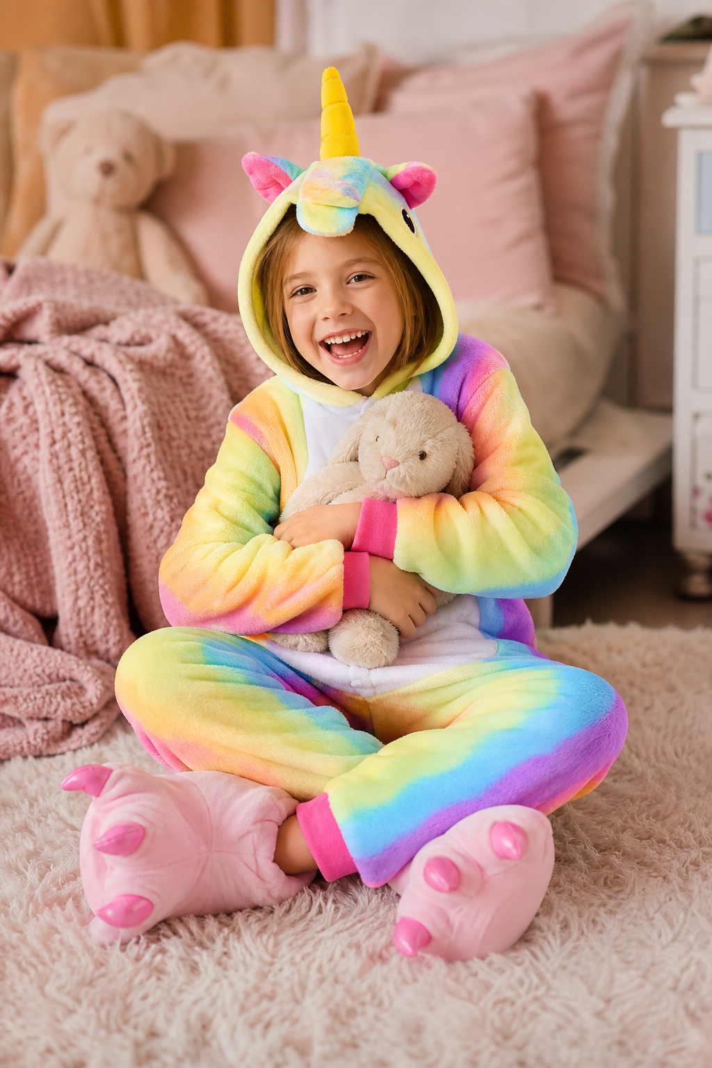 Kids' Hooded Pastel Rainbow Unicorn Kigurumi Onesie - Image 6