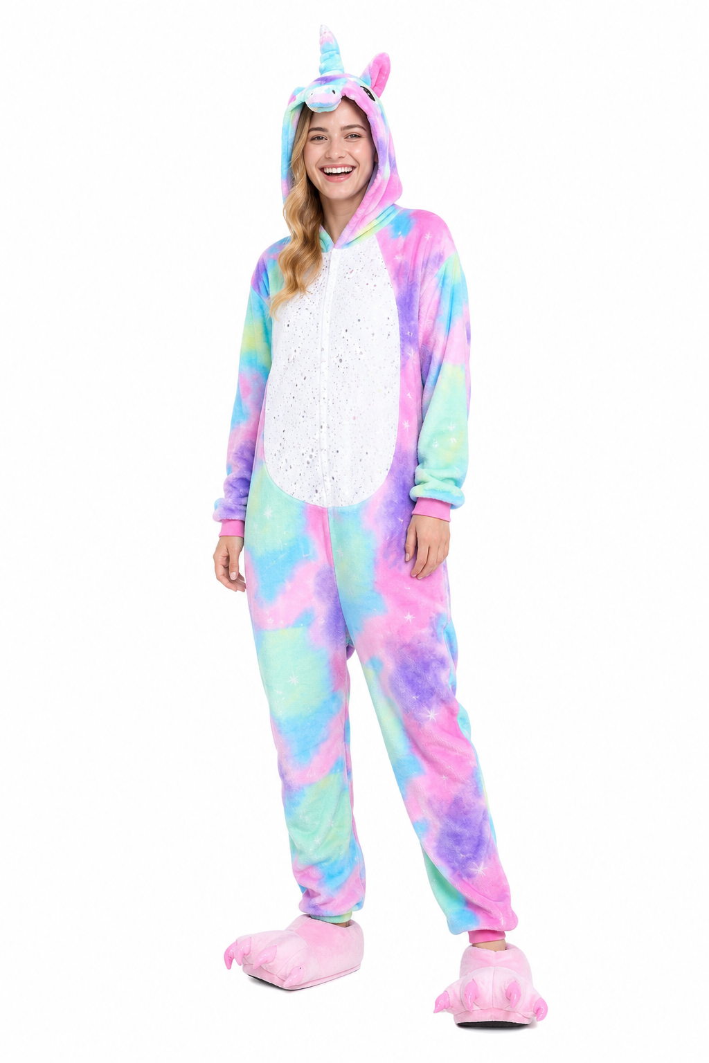 Adult Hooded Pastel Rainbow Unicorn Kigurumi Onesie with Glitter Star Belly - Image 3