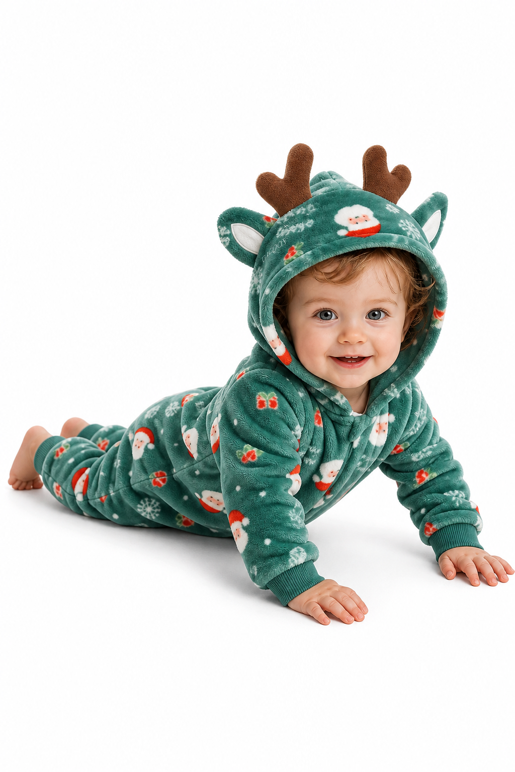 Baby Plush Green Santa Reindeer Hooded Onesie - Image 5