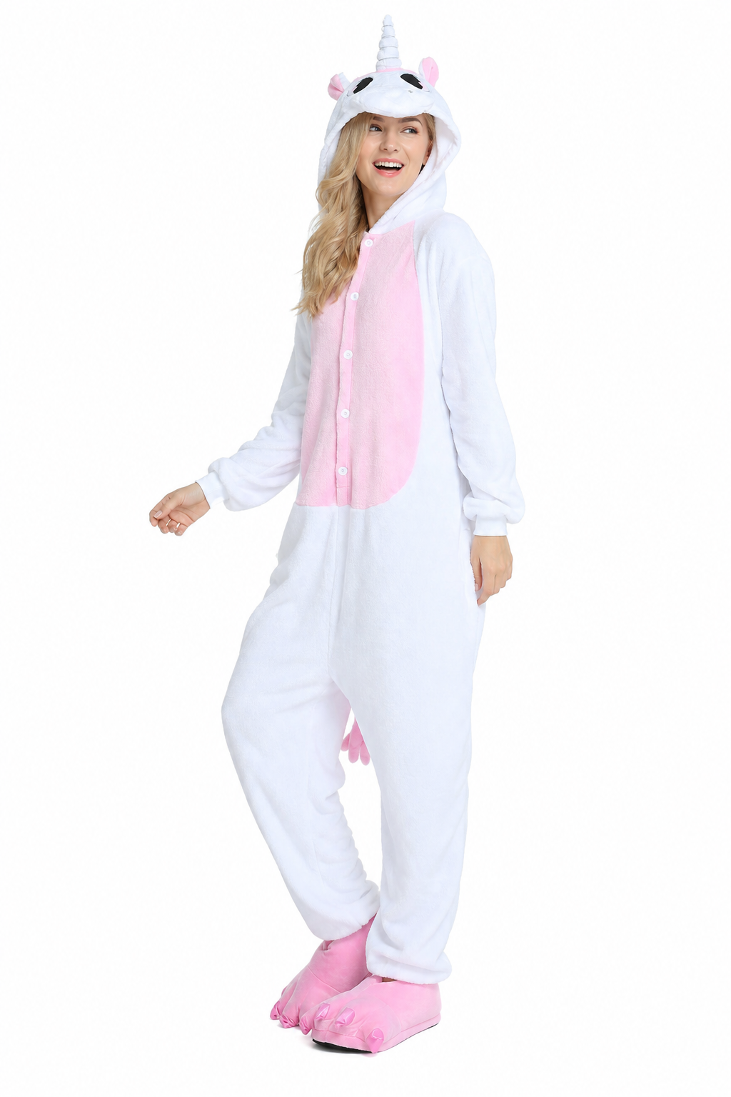 Adult Hooded White & Pastel Pink Unicorn Kigurumi Onesie - Image 3