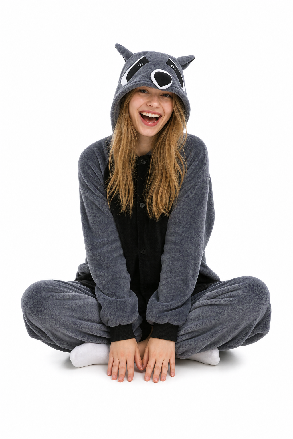 Adult Dark Grey Raccoon Fleece Hooded Onesie - Image 5