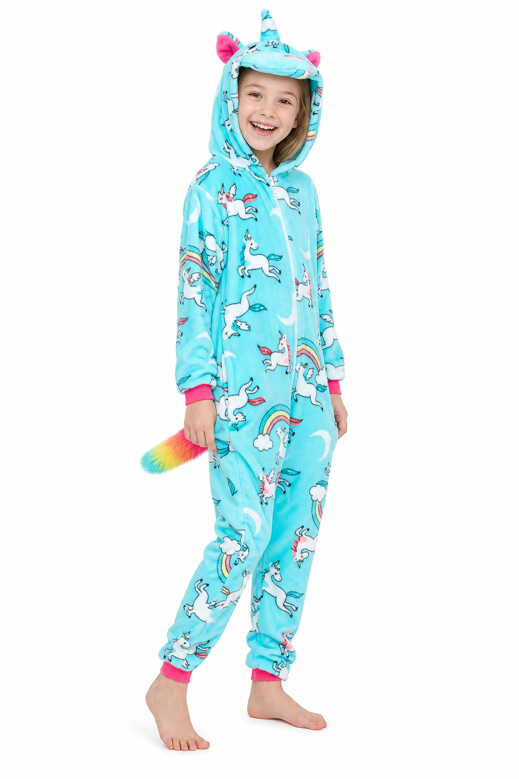 Kids' Hooded Teal Rainbow-Print Unicorn Kigurumi Onesie - Image 3