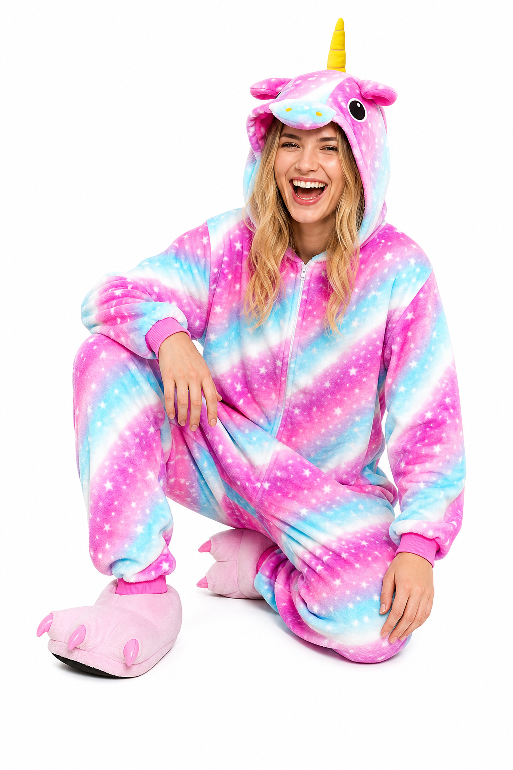 Adult Hooded Pink & Turquoise Starry Stripe Unicorn Kigurumi Onesie - Image 5