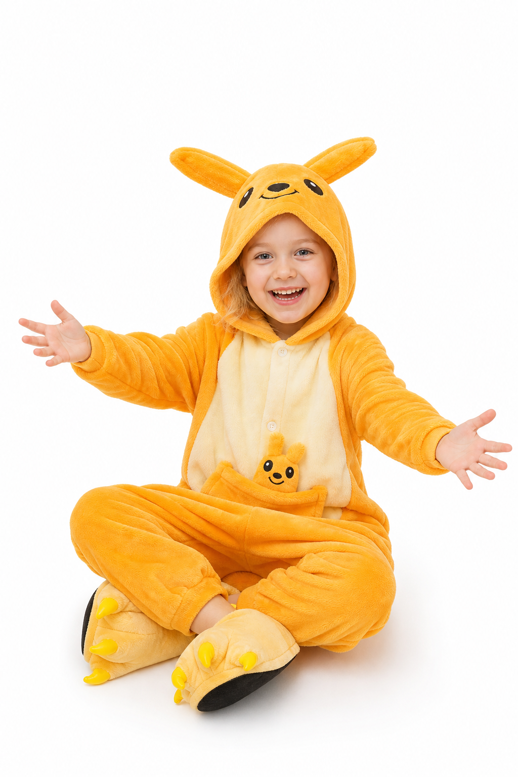 Kids' Hooded Orange Kangaroo & Joey Kigurumi Onesie - Image 5