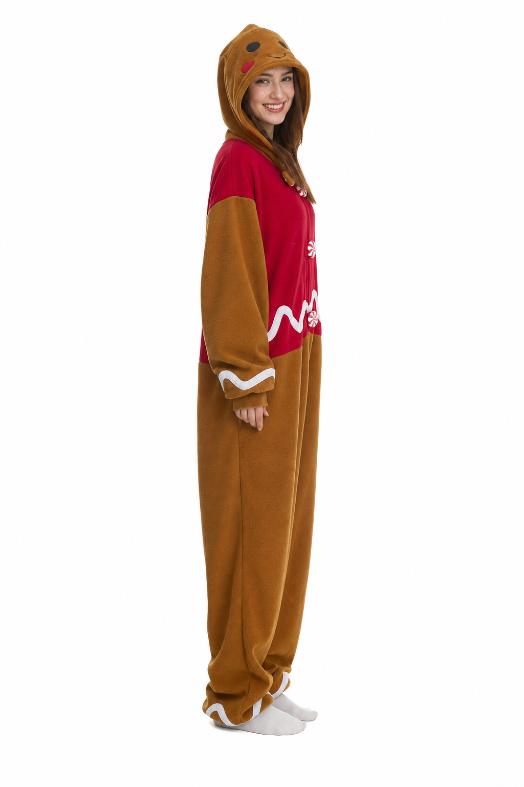 Adult Fleece Gingerbread Man Onesie with Candy Buttons - Image 2